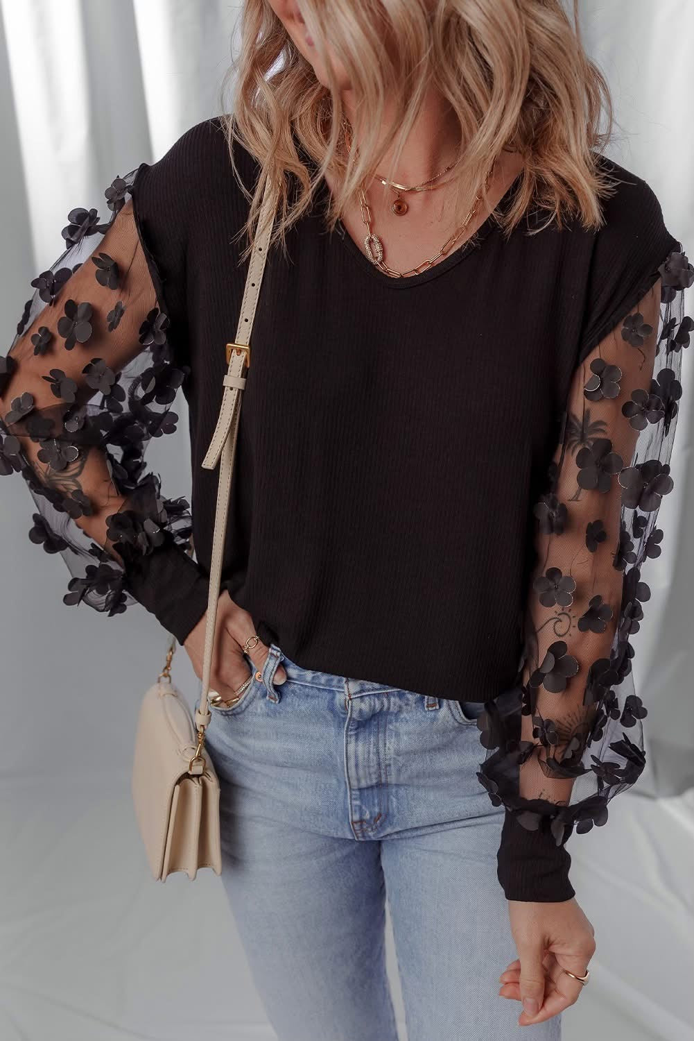 Black Flower Mesh Blouse