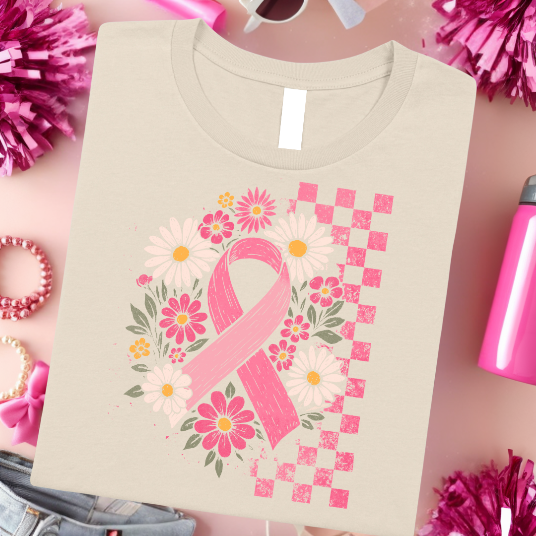 Floral Breast Cancer Ribbon Graphic Tee