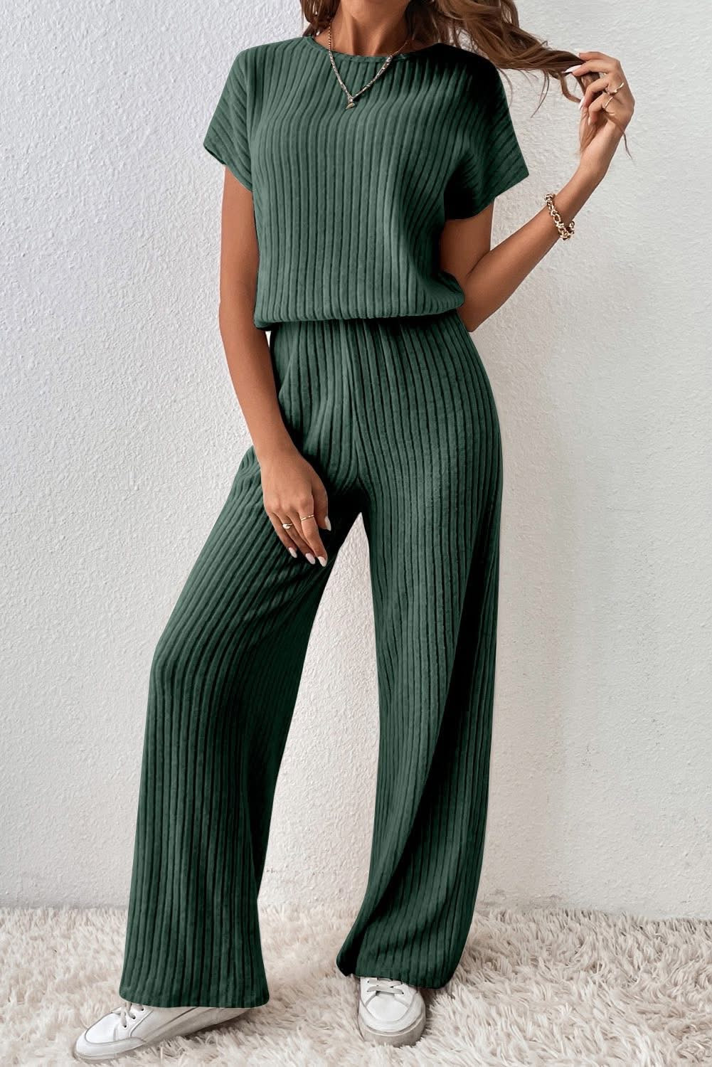 Green Ribbed Keyhole Jumpsuit