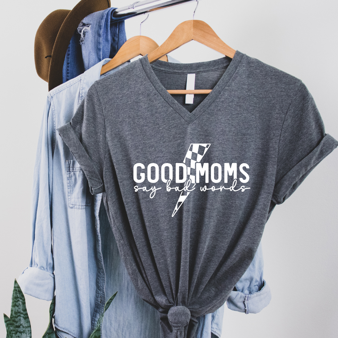 V-Neck Lightning Good Moms Say Bad Words Graphic Tee
