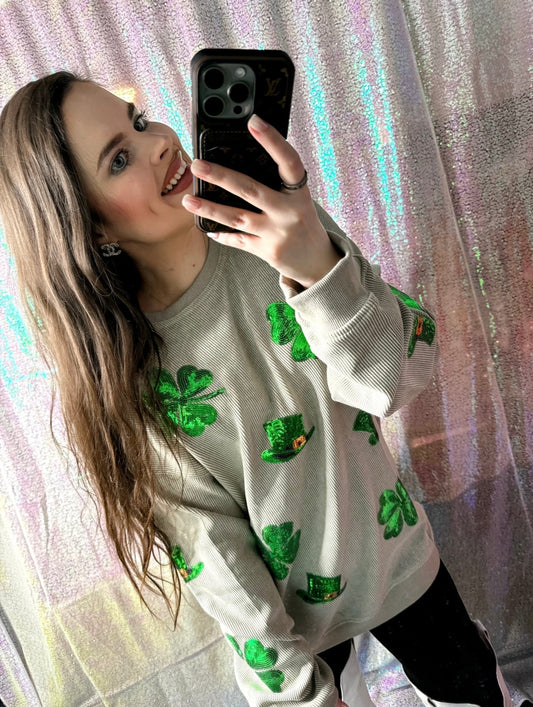 S-XXL: Sage Sequin Shamrock Corded Crew