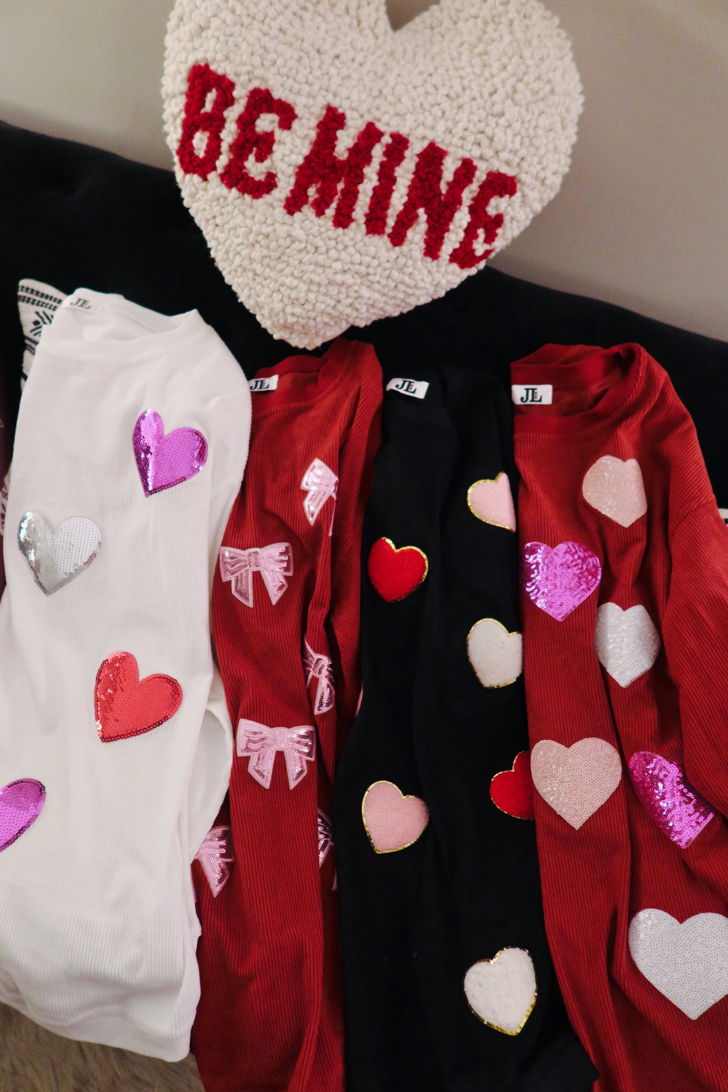 White Sequin Hearts Corded Crew