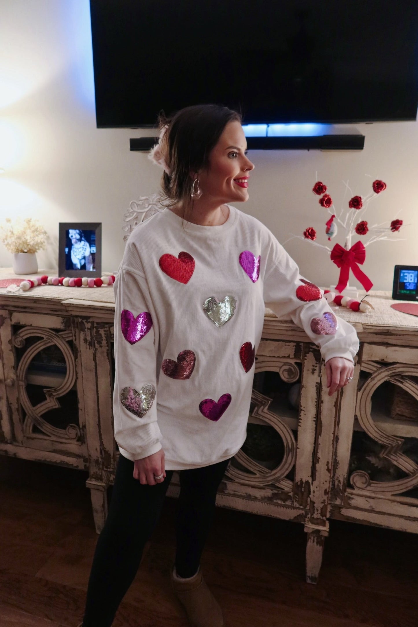 White Sequin Hearts Corded Crew