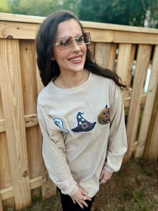 Beige Sequin Halloween Corded Crew