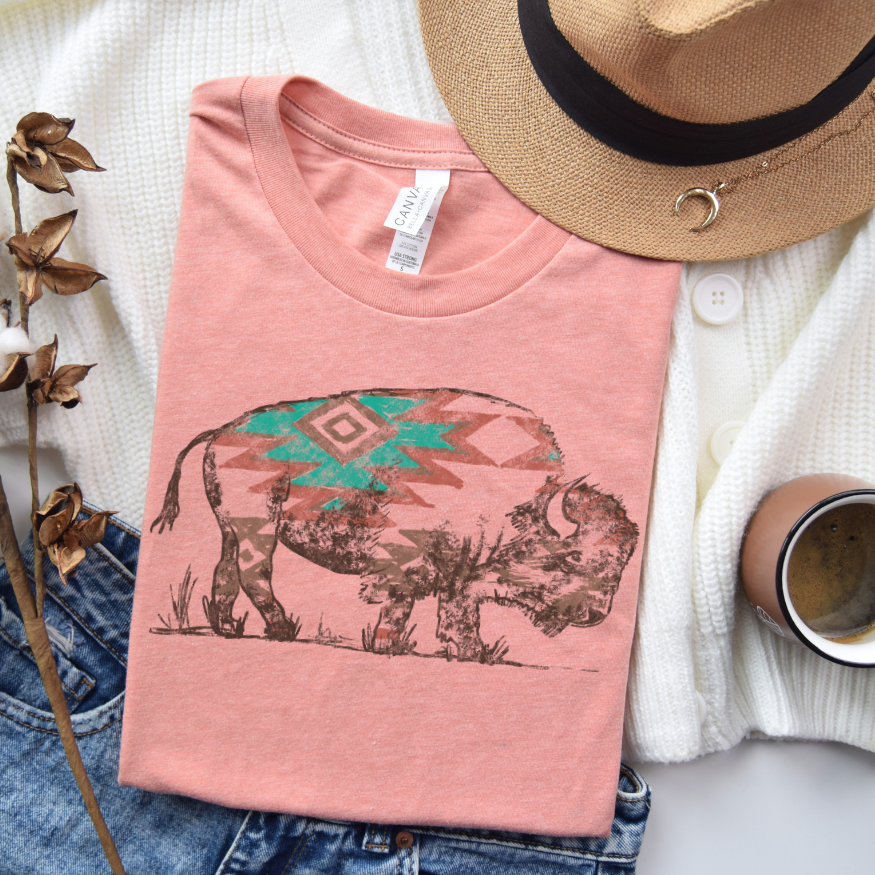 Mint & Red Aztec Buffalo Graphic Tee