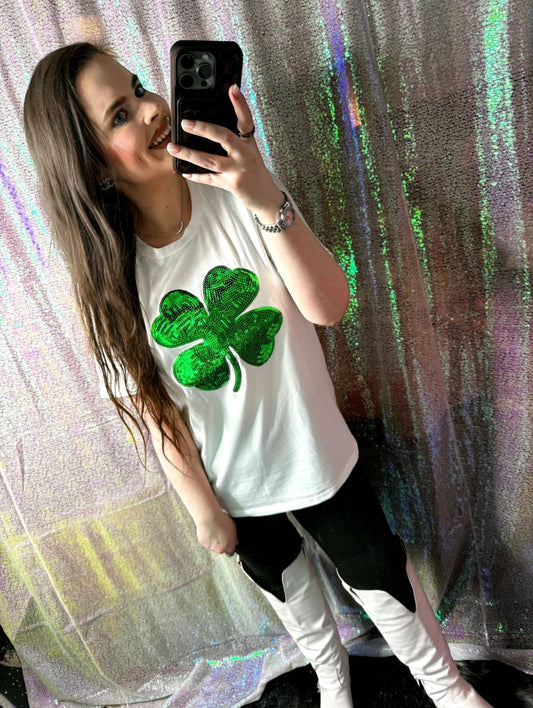 S-XXL White Shamrock Sequin Tees