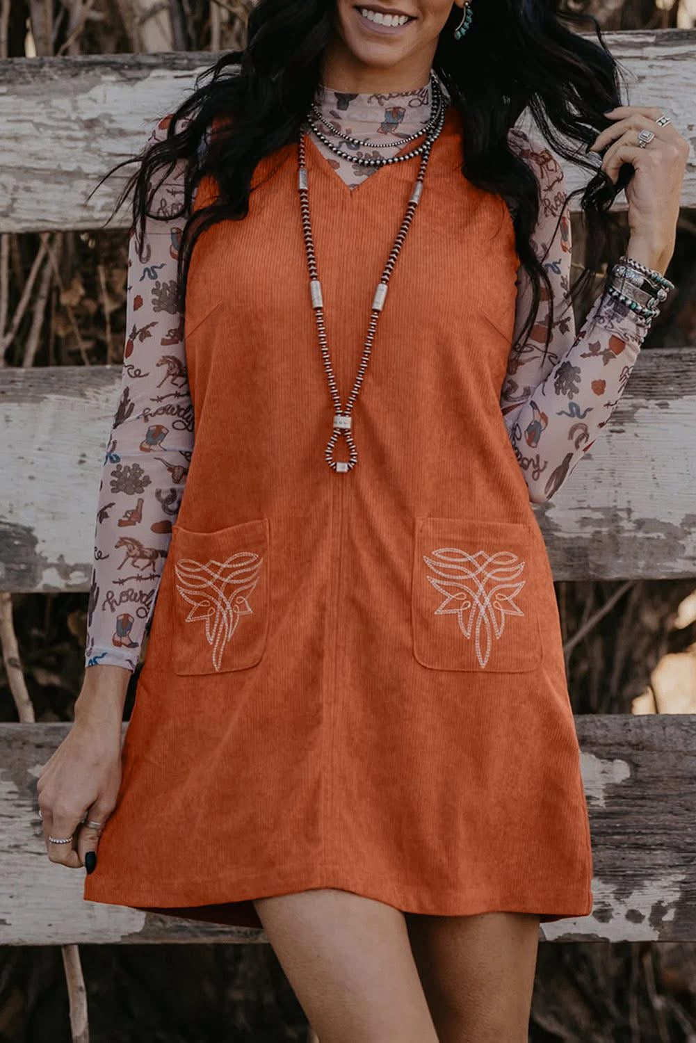 Orange Corduroy Western Dress
