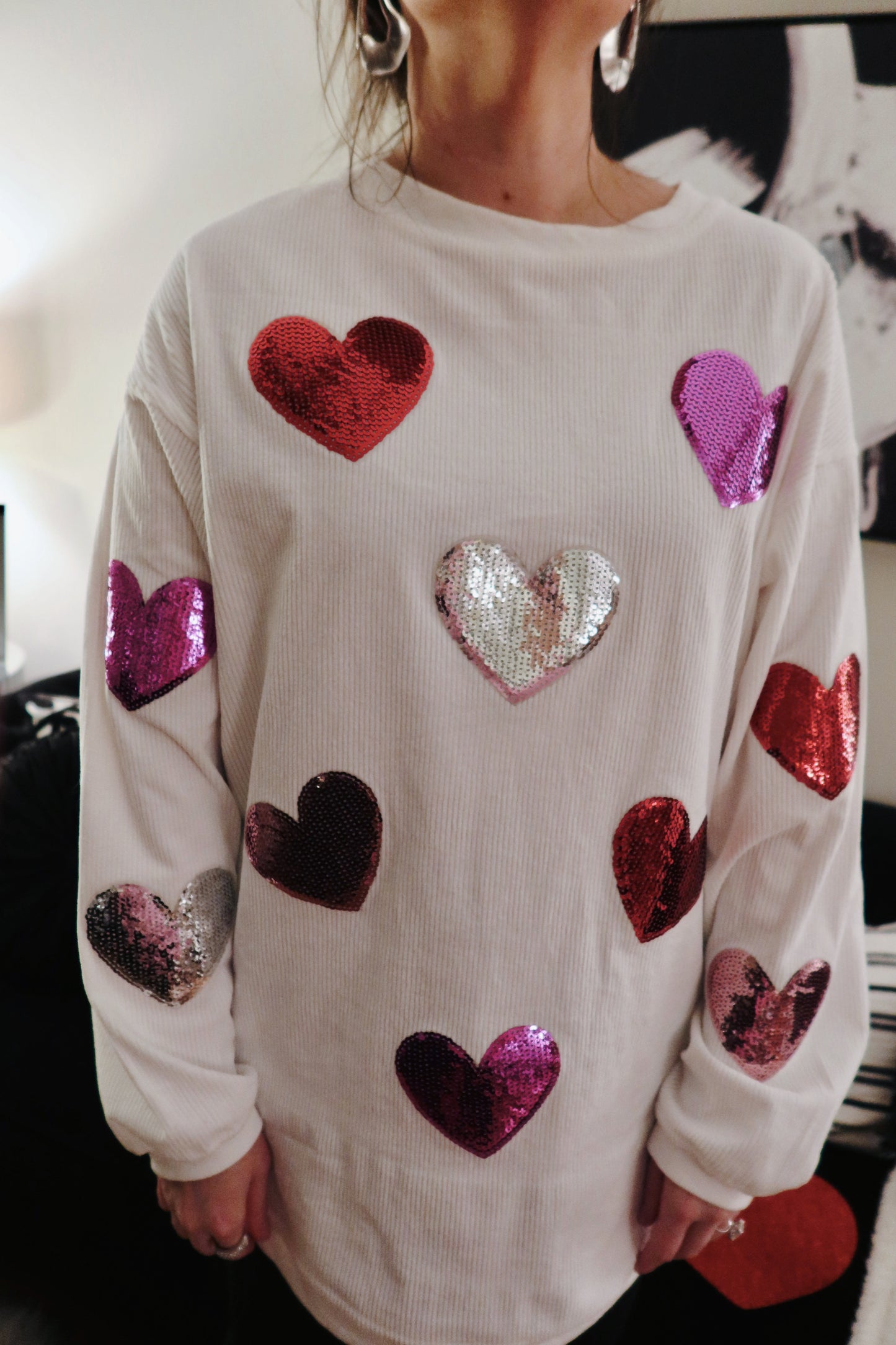 White Sequin Hearts Corded Crew