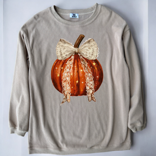 Beige Pumpkin Bow Corded Crew