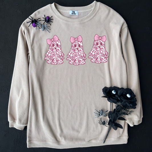 Beige/Pink Floral Ghost Corded Crew