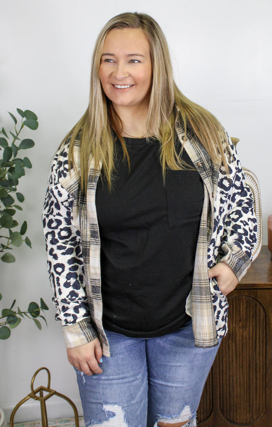 Black Plaid Leopard Plus Size Flannel RTS